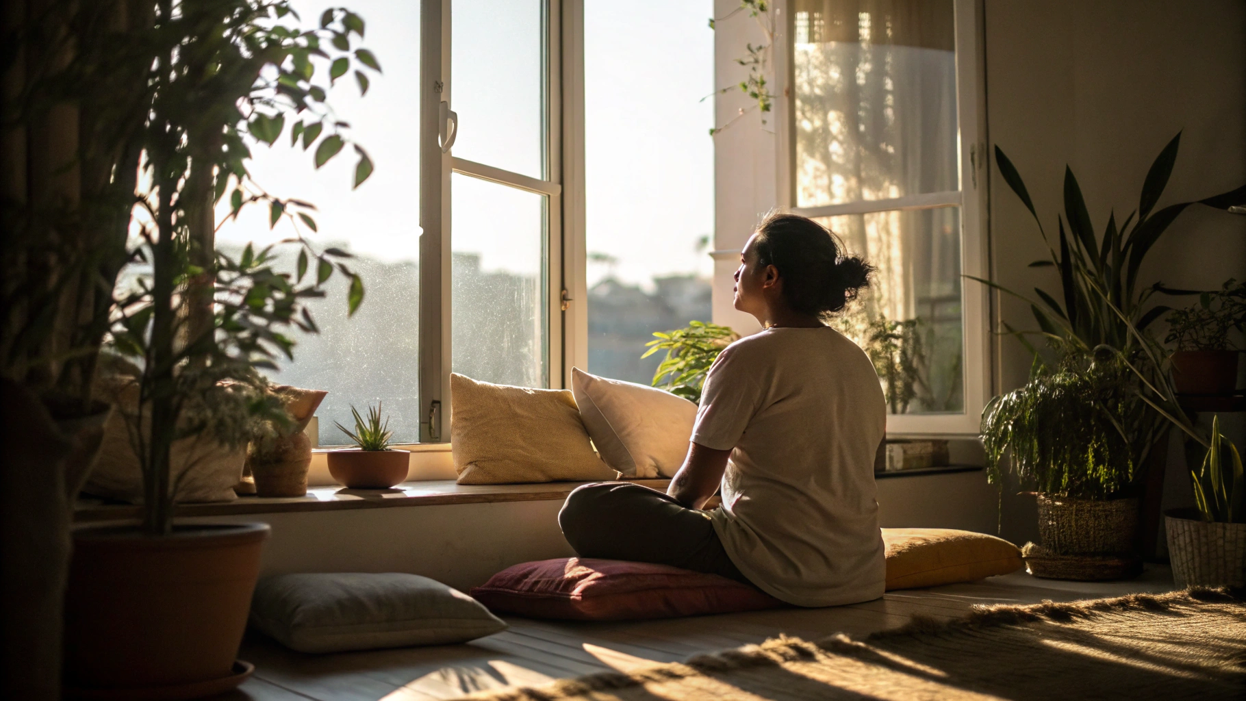 Thoughtful individual in quiet reflection in a warm sunlit room